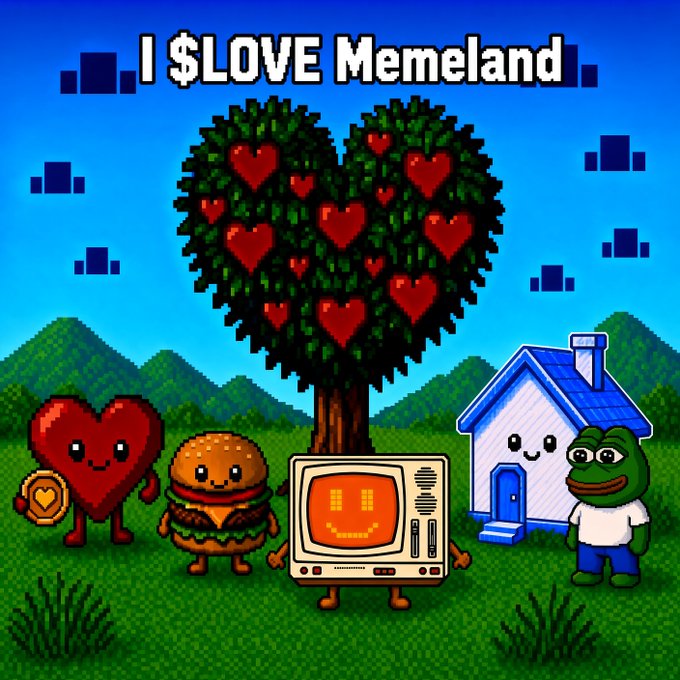 A pixel-art style image titled 'I $LOVE Memeland' featuring a heart-shaped tree, a heart character, a hamburger, a retro TV, a house, and a Pepe frog.