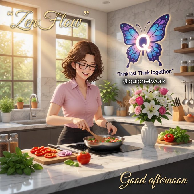 A digital illustration of a smiling woman with short brown hair and glasses cooking in a bright kitchen, surrounded by text including 'Zen Flow', 'Think fast. Think together.', '@quipnetwork', and 'Good afternoon'.