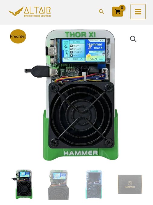 An e-commerce product page from ALTAIR Bitcoin Mining Solutions showing the 'THOR XI' Hammer cryptocurrency mining device with a preorder button and product image gallery.