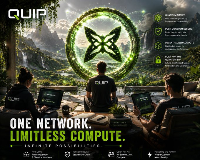 A promotional image for "QUIP" showcasing three figures wearing Quip-branded shirts working on laptops with quantum interfaces, set against a scenic landscape featuring a glowing green quantum particle symbol and the tagline "ONE NETWORK. LIMITLESS COMPUTE." with features like "QUANTUM NATIVE," "POST-QUANTUM SECURE," and "DECENTRALIZED COMPUTE"—visually reinforcing the post's message about Quip Network's open, accessible approach to quantum-classical hybrid computing.