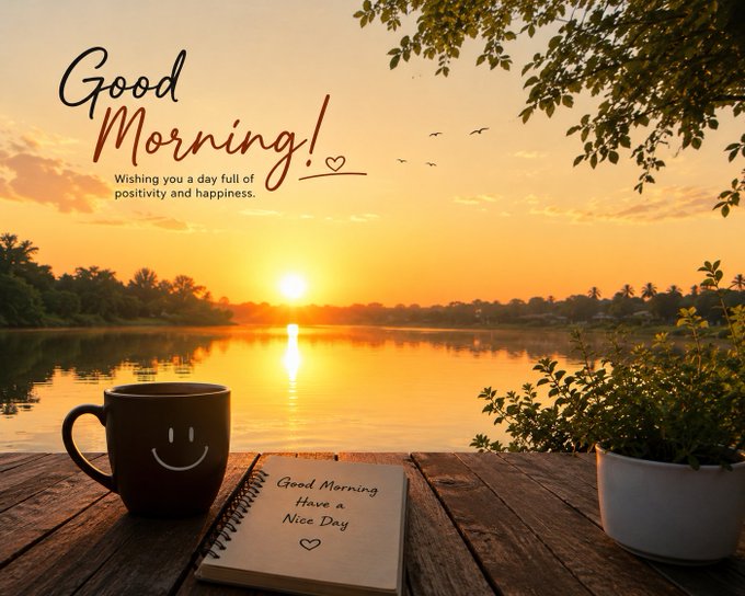 A 'Good Morning!' greeting image features a sunrise over a lake, with a smiling coffee mug and a notebook reading 'Good Morning Have a Nice Day' on a wooden table.