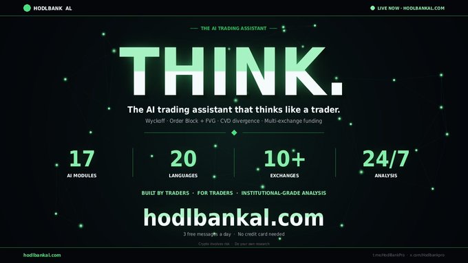 The post shows a screenshot of an image that has been edited using green and white colored font with white letters. The main focus of this image is the word "THINK." Below the logo for HodlBank, there are several bullet points providing information on various topics related to hedge funds such as "THE AI trading assistant that thinks like a trader" which is displayed in bold black text at the top left of the post. Additionally, the post mentions the name of the trading service, HodlBank AL, and indicates that it is now live with an emphasis on its smartness and intelligence.