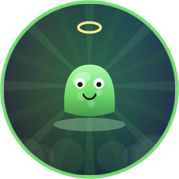A cartoon green character with a smiling face and yellow halo sits against a dark green background with radiating light rays, enclosed in a circular frame.