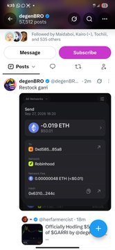 A mobile screenshot of the degendRO Instagram profile displaying a post about sending 0.019 ETH and an official hinting at an airdrop of $GARRR.