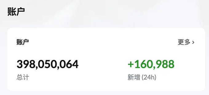 A digital account dashboard displaying a total balance of 398,050,064 with a 24-hour increase of +160,988 in green text, labeled in Chinese characters.
