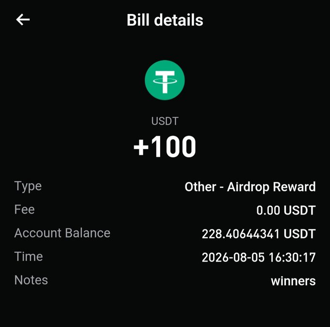 A bill details screen shows a +100 USDT airdrop reward with notes marked 'winners', an account balance of 228.40644341 USDT, and a timestamp of 2026-08-05 16:30:17.