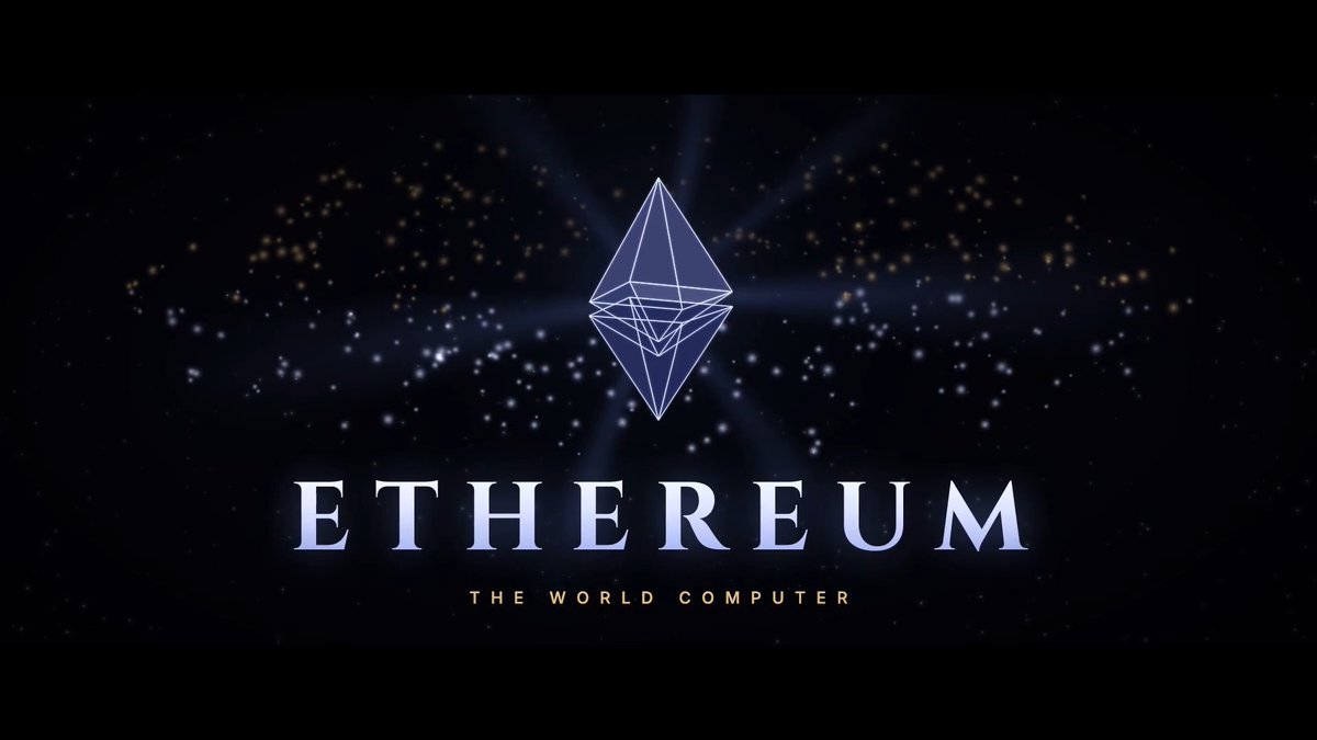 The Ethereum logo is prominently displayed against a dark, sparkling background, with the text "ETHEREUM" and the tagline "THE WORLD COMPUTER" beneath it. This visual aligns with the post's message of belief in Ethereum and its cryptocurrency, $ETH.
