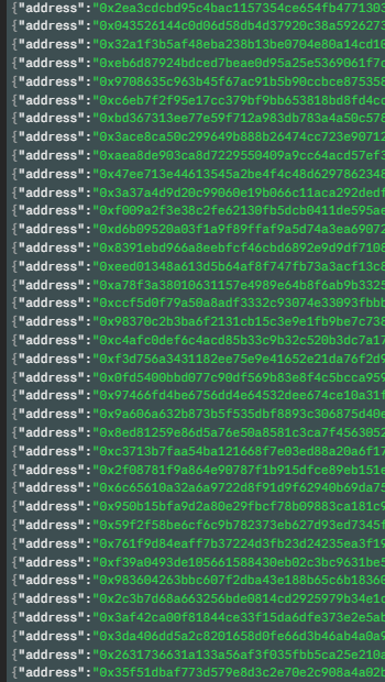 A close-up view of computer code displaying a list of blockchain wallet addresses, each prefixed with "address" and containing long hexadecimal strings starting with "0x". The image relates to the accompanying post by showing a database of cryptocurrency or token wallet addresses being monitored, likely for tracking early or "insider" wallet activity on the Robinhood platform.