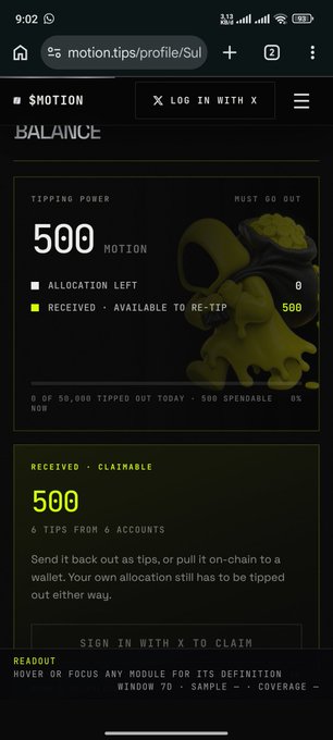 A mobile screenshot of motion.tips/profile/... showing a $MOTION balance of 500, with 500 received and claimable from 6 tips.