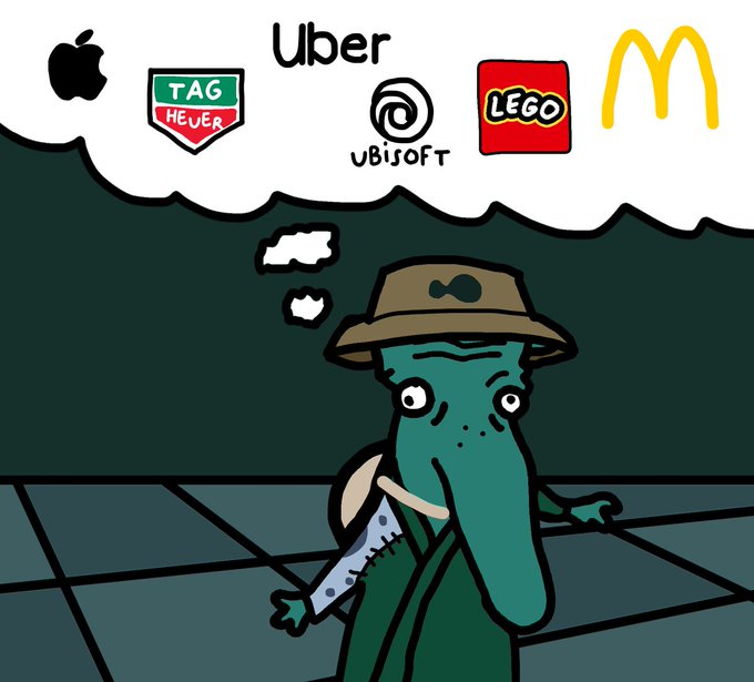 A cartoon of a green elephant-like character wearing a bucket hat, with a thought bubble showing logos for Apple, TAG Heuer, Uber, Ubisoft, LEGO, and McDonald's.