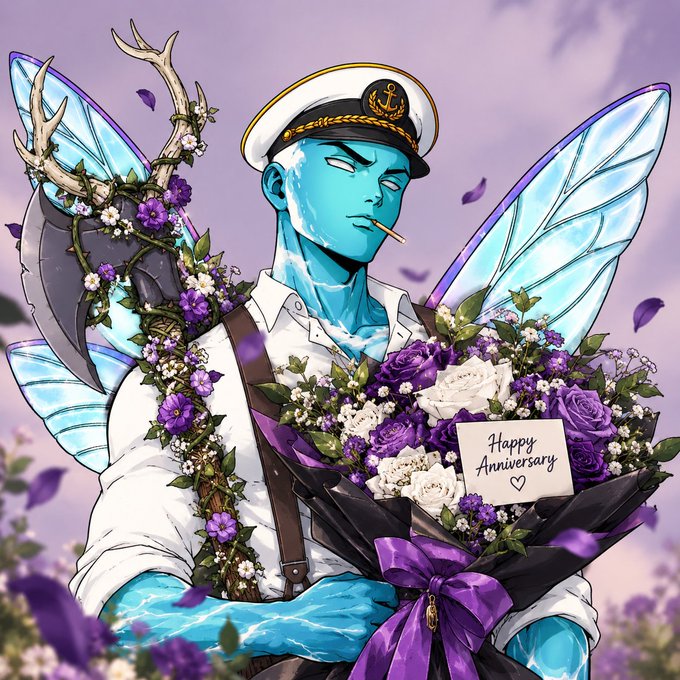 An anime-style illustration depicts a blue-skinned character with insect-like features wearing a white sailor's cap with an anchor emblem, holding a large bouquet of purple and white flowers with a 'Happy Anniversary' card.