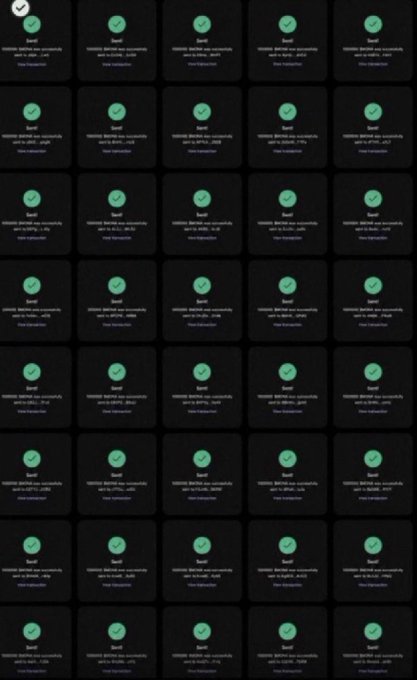 A grid of dozens of identical green checkmark notifications, each stating "Sent! 0.00395 SOL has successfully sent to [address]... View transaction," visually demonstrates the mass distribution of small Solana transactions promised in the accompanying airdrop post.