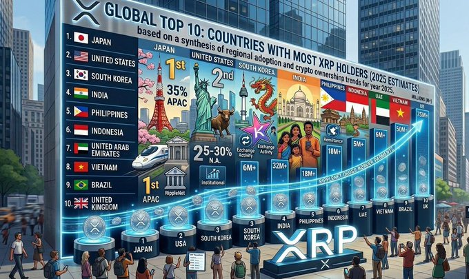 A vibrant city billboard displays the "GLOBAL TOP 10: COUNTRIES WITH MOST XRP HOLDERS (2025 ESTIMATES)," with Japan, United States, South Korea, India, and the Philippines leading the rankings, alongside regional adoption metrics like "35% APAC" and "25-30% N.A." Exchange and institutional growth figures are highlighted across countries, visually reinforcing the post's claim that $XRP's global expansion is backed by hard data.