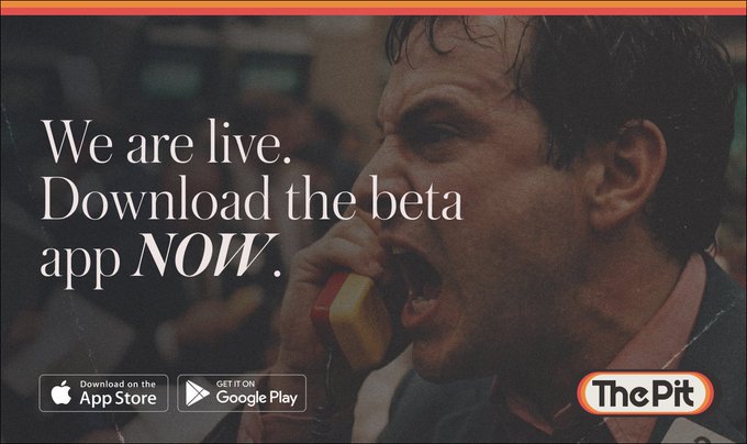 A promotional banner for 'ThePit' app featuring a dramatic image of a sweaty man yelling into a telephone, with the text 'We are live. Download the beta app NOW.' and App Store/Google Play buttons.