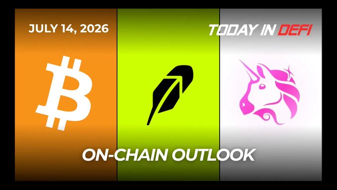 A graphic dated July 14, 2026 titled 'TODAY IN DEFI - ON-CHAIN OUTLOOK' featuring Bitcoin, Rocket (likely Tezos/XTZ), and Uniswap (Unicorn) logos on orange, green, and white panels.