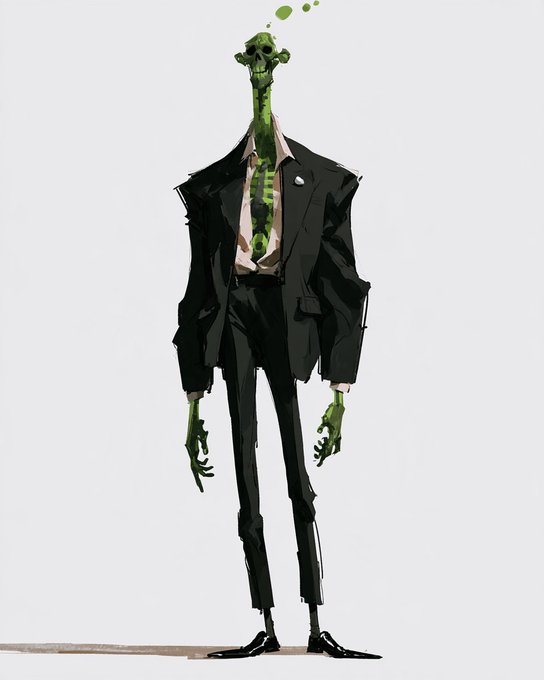 A stylized digital illustration of a tall, lanky green skeletal figure wearing a black suit, white shirt, and tie, with small green bubbles floating above its skull-like head.