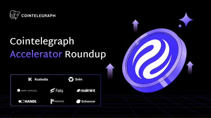 The image features a purple coin with an upward-pointing arrow, surrounded by various logos for different companies such as CoinGecko, injective, and others. The text "Cointelegraph Accelerator Rountup" is also present in the image. The caption reads, "Focus on what is in the image and how it relates to the post." This suggests that the image might be related to a post about an accelerator round-up or a summary of a coin development project.