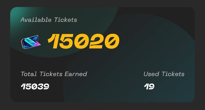 A digital interface displays 'Available Tickets: 15020', 'Total Tickets Earned: 15039', and 'Used Tickets: 19' against a dark green background.