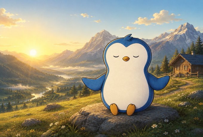 A cute, cartoon-style penguin with closed eyes sits peacefully on a rock in a serene mountain landscape at sunset, with a small cabin nearby.