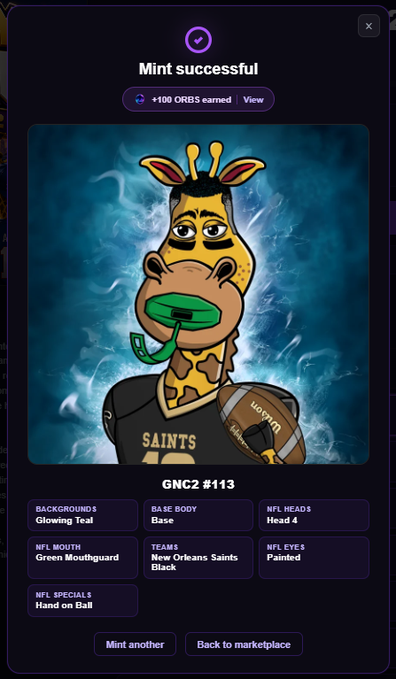 A 'Mint successful' screen showing a cartoon giraffe NFT #413 wearing a New Orleans Saints jersey and green mouthguard, with attributes listed including Backgrounds: Glowing Teal, NFL Heads: Head 4, and NFL Specials: Hand on Ball.