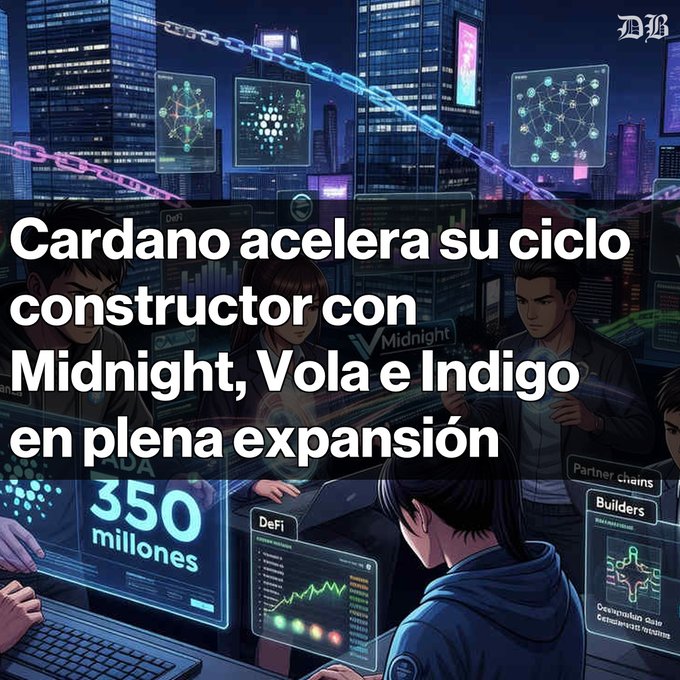 The image features a man wearing a blue hoodie, sitting at a desk with a computer monitor in front of him. The background shows a cityscape with buildings and neon lights, creating an urban atmosphere. On the right side of the image, there is text that translates into Spanish, discussing the expansion of the Cardano project and its integration with the Midnight, Vola, and Indigo ecosystems.