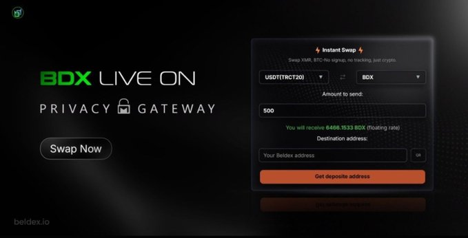 A promotional webpage for 'BDX LIVE ON PRIVACY GATEWAY' by beldex.io, featuring an 'Instant Swap' interface for trading USDT(TRC20) to BDX.