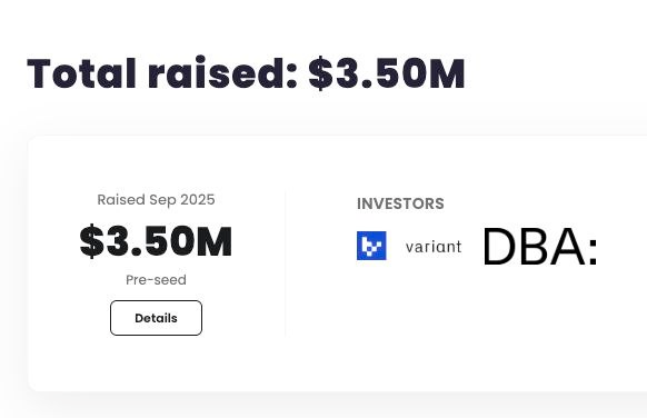 A fundraising summary shows 'Total raised: $3.50M' for a Pre-seed round raised in Sep 2025, with investor 'variant' listed and a partial 'DBA:' field.