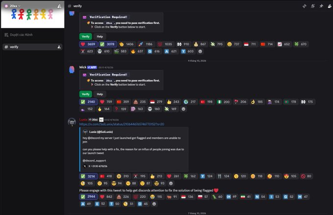 A screenshot of a Discord server showing multiple bot verification messages with numerous reaction emojis from many users, plus a tweet embedded from @Loxia (@Loxia_ai) explaining the influx of people joining the server.