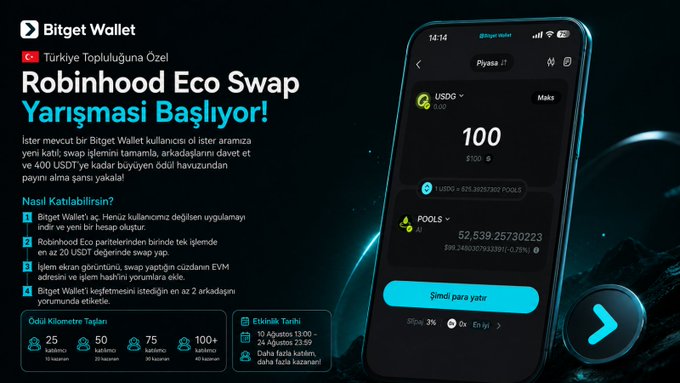A Turkish promotional graphic for Bitget Wallet's 'Robinhood Eco Swap' competition, showing the mobile app interface with a swap from USDC to USDG, along with prize pool details and participation dates.