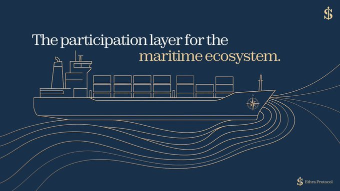 A navy blue promotional banner for Sifra Protocol describing it as 'The participation layer for the maritime ecosystem,' featuring a gold line-art illustration of a cargo ship.
