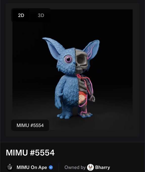 NFT listing for MIMU #5554 displayed on a marketplace, showing a 3D split-design creature that is half blue furry creature and half skeletal figure, owned by 'Bharry'.