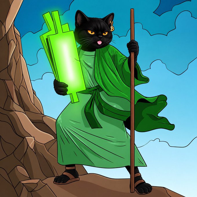 A digital illustration of a black cat with a gold 'B' earring, dressed in green robes and sandals, holding a glowing green staff and a wooden walking stick while standing on a rocky outcrop.