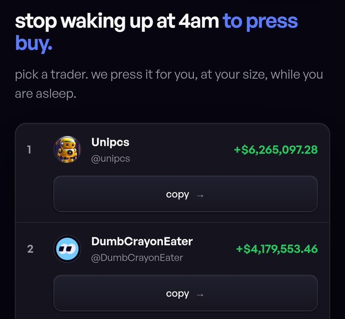 The image displays a screenshot from "TradeMofo," a Telegram copy-trading bot, featuring the headline "stop waking up at 4am to press buy" and a leaderboard of top traders like Unipcs (+$6,265,097.28) and DumbCrayonEater (+$4,179,553.46) that users can "copy" to automate trades while they sleep.

This perfectly illustrates the post's recommendation of @trademofo as a "tg copy bot" that "mirrors buys and sells" and fills orders "before the fomo ping," serving as a practical example of the new trading tools built to prevent users from becoming exit liquidity.