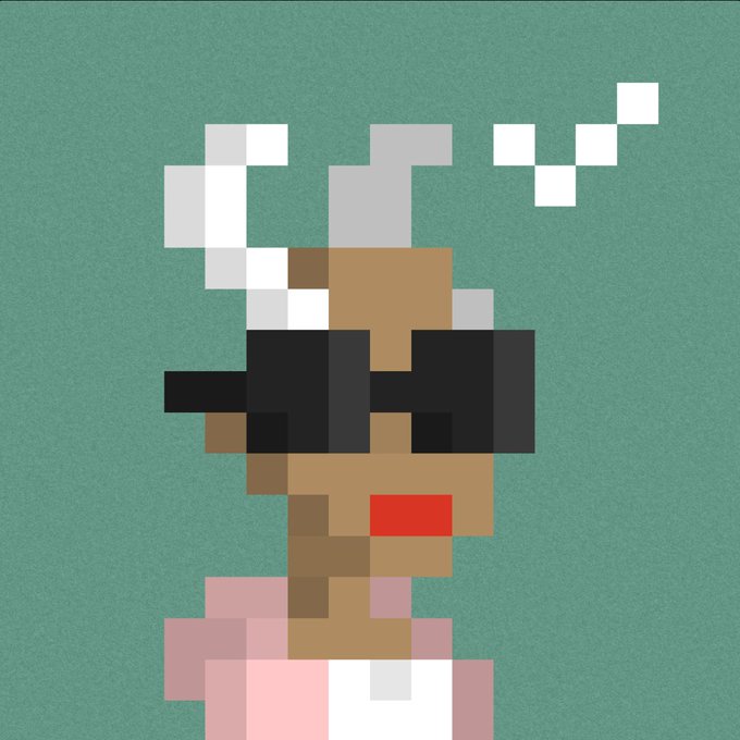 A pixel art portrait of a person with dark skin, red lipstick, black sunglasses, and gray/white hair against a green background.