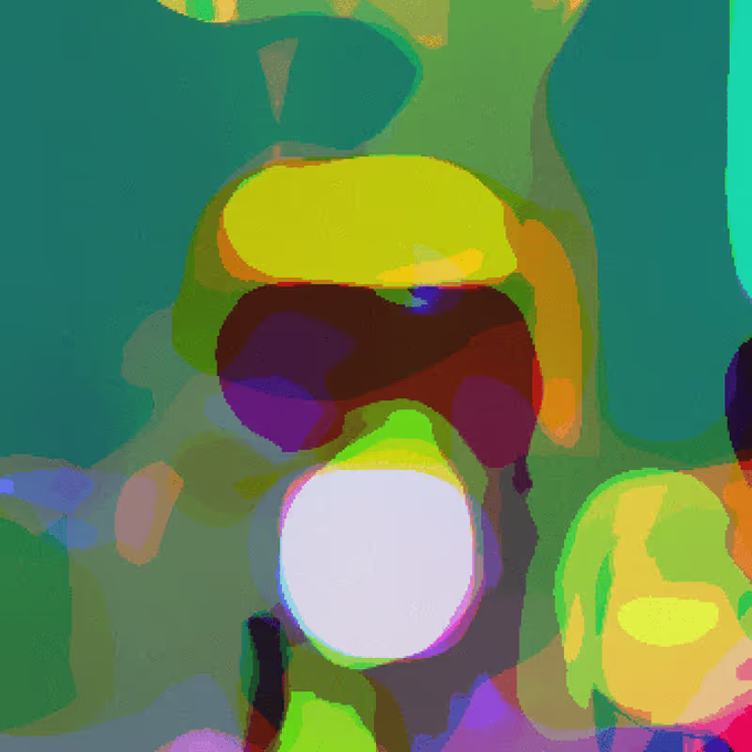 An abstract painting with green background featuring yellow, white, and purple organic shapes that somewhat resemble a burger.