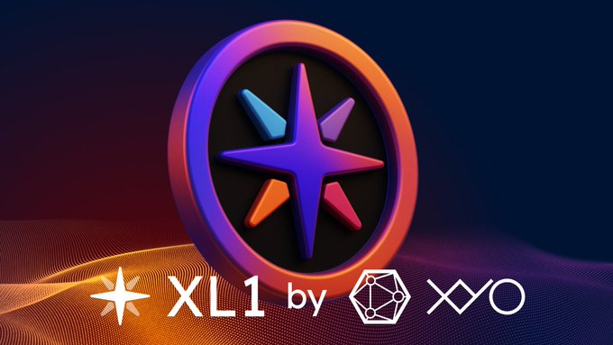 A 3D-rendered logo displays a colorful star/compass design inside an orange ring, with the text 'XL1 by EXO' beneath it on a dark, wavy background.