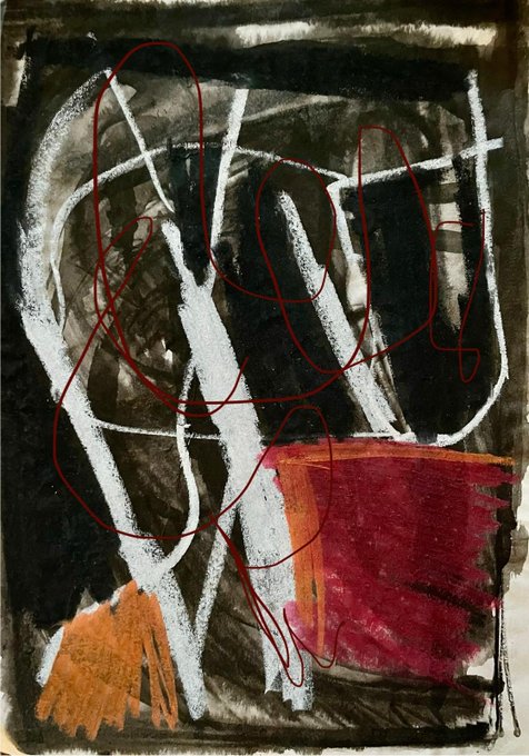 An abstract mixed-media artwork featuring bold, expressive red contour lines, black washes, and textured white brushstrokes that suggest figures emerging from darkness, with a vibrant magenta block and orange accents at the bottom. The piece visually embodies the post's description of tension between chaos and order, with red and black serving as expressive rather than purely aesthetic elements.