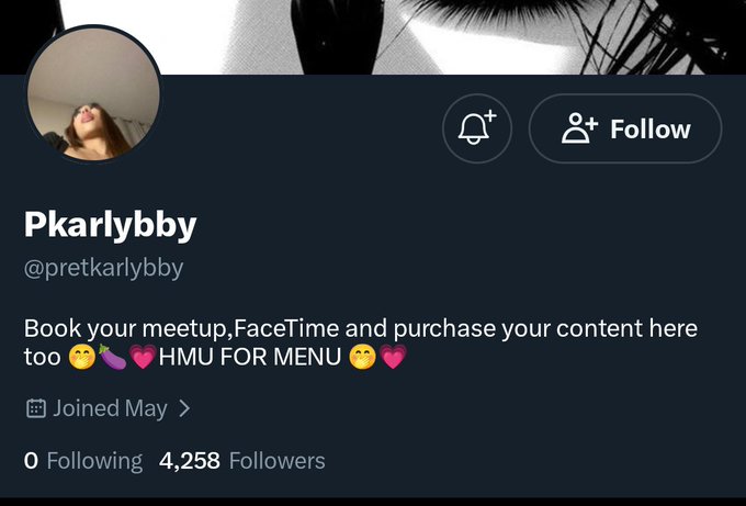 The image shows a Twitter profile for "Pkarlybby" (@pretkarlybby), which describes services like booking meetups, FaceTime, and purchasing content, with 4,258 followers. The caption about a "Smoldoge acct turned p*rn acct" suggests this profile represents the transformation of an account into adult content promotion.