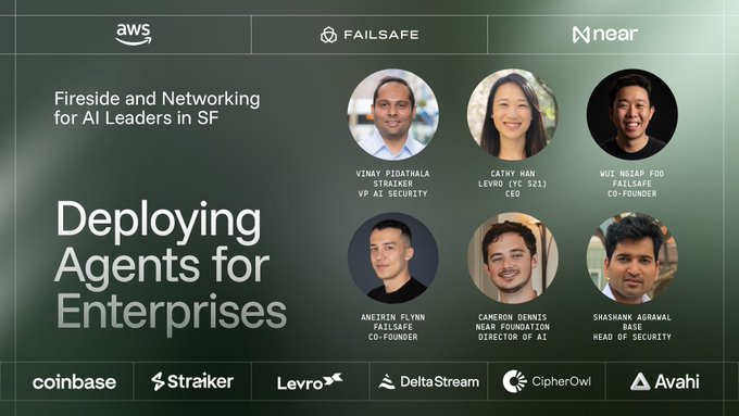 The image features a poster with six faces of men and women who are featured as agents for a company called @getfailsafe. The poster also includes text that reads "Deploying Agents for Enterprises" and mentions other companies such as @near_ai, AWS, and coinhase. The focus on the image is to promote an event or conference related to AI agentics in SF.