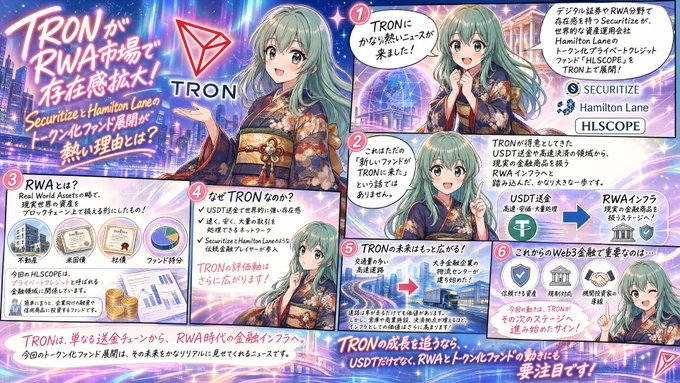 The image features an advertisement for a new video game called "TRON" with a girl character as its main focus. The poster includes various images of the girl character along with text, such as "Securitize", "RWA", and "TRON Expands Its Presence in the RWA Market!". The post also mentions that Securitize has launched the tokenized private credit, which is exciting news for gamers who are interested in digital securities.