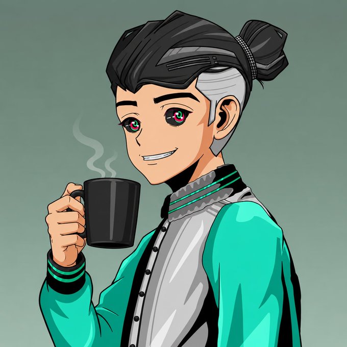 An anime-style illustration of a character with black and white hair in a bun, wearing a teal jacket, smiling while holding a steaming black mug.