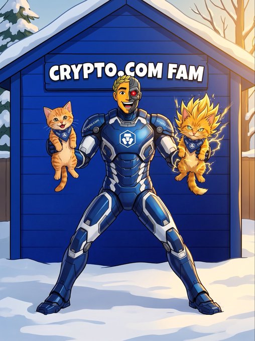 An anime-style illustration depicts a cyborg character in Crypto.com armor holding two cats in front of a blue 'CRYPTO.COM FAM' shed in the snow.