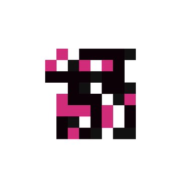 A small pixel-art design featuring pink, white, and black squares forming an abstract figure or character on a white background.