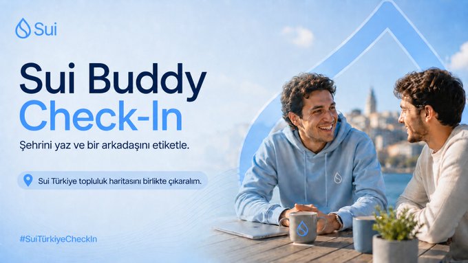 A promotional banner for the "Sui Buddy Check-In" campaign featuring the Sui logo and tagline "Şehrini yaz ve bir arkadaşını etiketle" (Write your city and tag a friend), showing two smiling men chatting over coffee with a cityscape background, alongside hashtags "#SuiTürkiyeCheckIn" and a prompt encouraging users to be featured on the Sui Türkiye community map.
