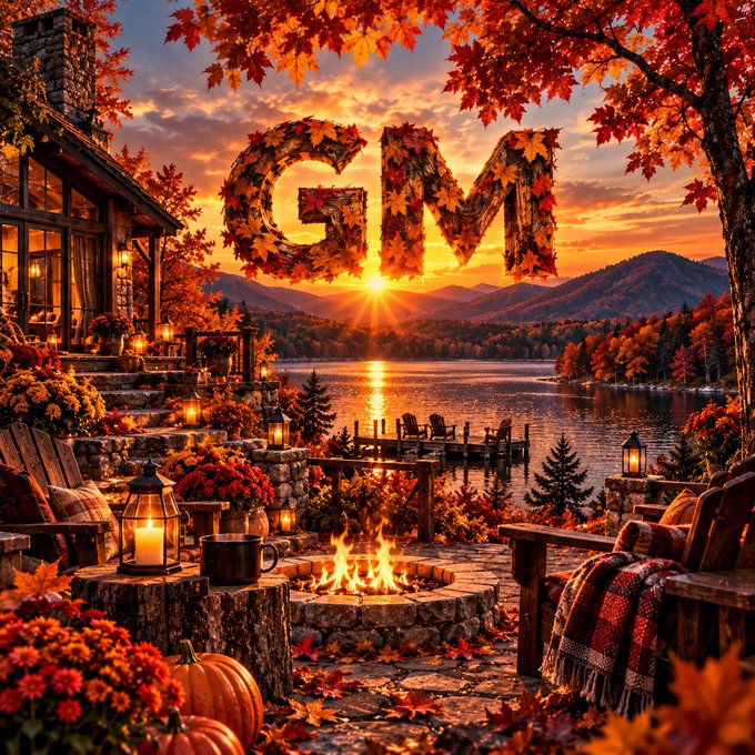 A vibrant autumn scene featuring a stone cabin, fire pit, and lake at sunset, with the letters 'GM' creatively formed from colorful fall leaves in the sky.