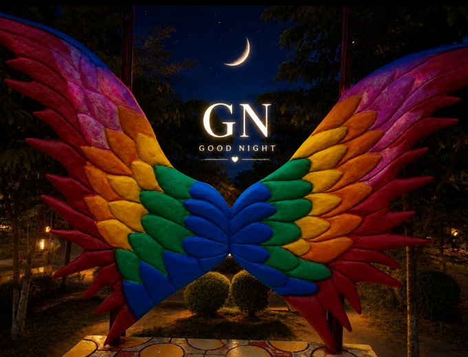 A pair of large, colorful angel wings sculpture stands at night under a crescent moon, with the letters "GN" and "GOOD NIGHT" overlaid in the center.