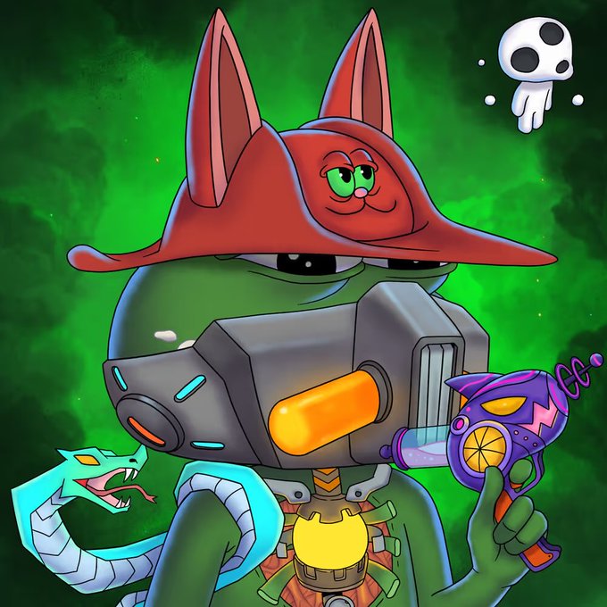The image features a cartoon character resembling a frog wearing a red hat with green eyes and an expression of sadness, holding a gun and posing with other characters such as a snake and a monster. The caption reads "Revealed my @PepeExplorers Looks like Pepe from another dimension where the atmosphere is less toxic than larva But ice snakes backpacks can survive Look at that blaster too, ready to send his foes flying through space".