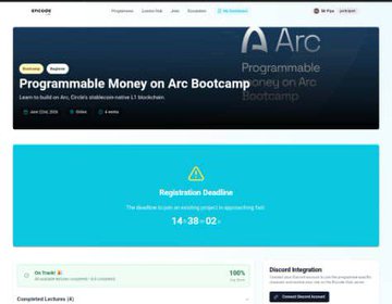 The image shows an Arc Bootcamp landing page titled "Programmable Money on Arc Bootcamp" by John Doe, featuring a countdown timer (14:38:02) and a "Regulation Deadline" section. It visually supports the post by introducing an educational resource about USDC's onchain process, with the bootcamp appearing to be the source material referenced for learning about programmable money.