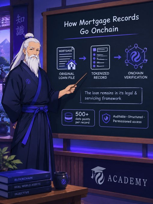 Anime-style illustration of a sage pointing to a chalkboard titled 'How Mortgage Records Go Onchain', showing a flow from ORIGINAL LOAN FILE to TOKENIZED RECORD to ONCHAIN VERIFICATION, with 'ACADEMY' branding and books labeled 'BLOCKCHAIN', 'REAL WORLD ASSETS', and 'INJECTIVE'.