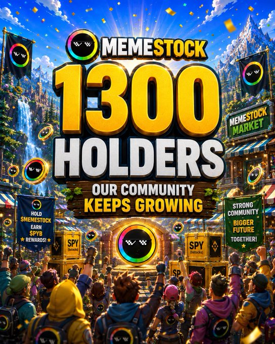 A vibrant promotional graphic celebrates $MEMESTOCK reaching 1,300 holders, featuring the bold text "MEMESTOCK 1300 HOLDERS - OUR COMMUNITY KEEPS GROWING" alongside a cheering crowd, market stalls, and banner signs reading "HOLD $MEMESTOCK EARN $PYR REWARDS," "STRONG COMMUNITY BIGGER FUTURE TOGETHER," and "MEMESTOCK MARKET," visually capturing the milestone of the expanding community.